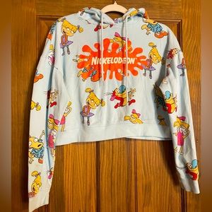 Nickelodeon 90s Characters Cropped Hoodie All-Over Print Light Blue‎ Size Medium